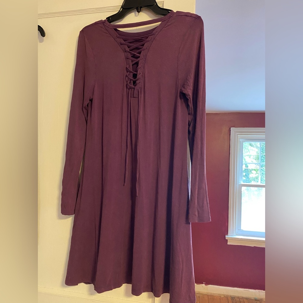 Purple Long Sleeve Lace Up Dress with Pockets